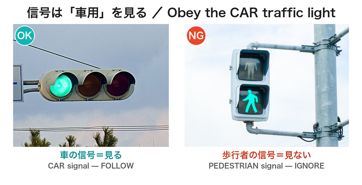 Follow the car traffic light, not the pedestrian light